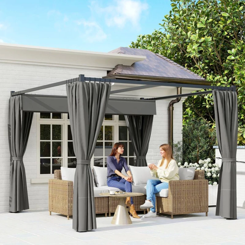 Image of Outsunny 3 x 3(m) Pergola with Retractable Roof and Curtains, Charcoal Grey 84C-441V00CG