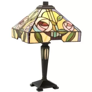 Image of Tiffany Glass Table Lamp Light Dark Bronze & Multi Colour Rose Shade i00233