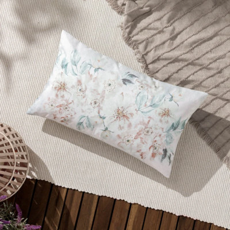 Image of Canina Rectangular Outdoor Floral Cushion Off White, Off White / 30 x 50cm / Polyester Filled