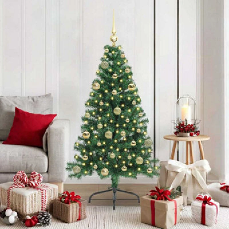 Image of vidaXL Artificial Pre-lit Christmas Tree with Gold Balls Green 150cm PVC, Green 3397002