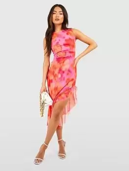 Image of Boohoo Mesh Blurred Floral Ruffle Midaxi Dress - Pink, Size 10, Women