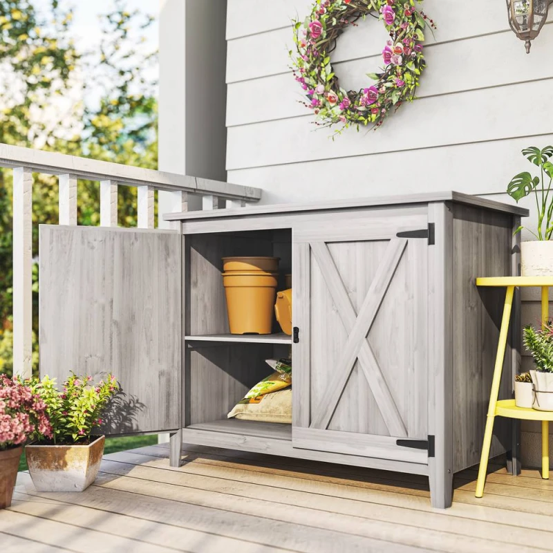 Image of OUTSUNNY Wooden Garden Shed Tool Cabinet 110 x 60 x 88.5 cm, Light Grey Size: 110 x 60 x 88.5cm Light Grey Unisex 110 x 60 x 88.5 cm