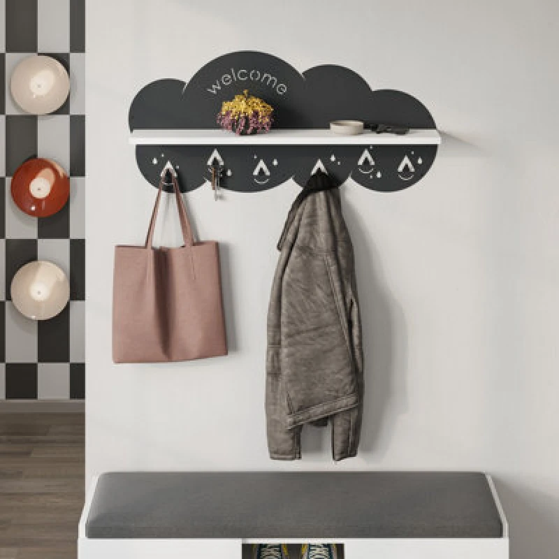 Image of Decortie Cloudy Wall-Mounted Metal Hanger White Shelf With 6 Metal Hooks Welcome Cloud Shape Functional Storage Hanger Entryway