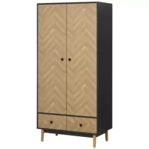 Image of HOMCOM Modern Wardrobe Cabinet Wood Grain Sticker Surface with Shelf, Hanging Rod and 2 Drawers 90x50x190cm