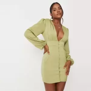 Image of Missguided Button Balloon Slv Mini Ls Satin Dress - Green