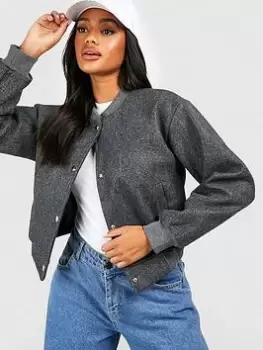 Image of Boohoo Wool Look Crop Bomber Jacket - Charcoal, Grey, Size 16, Women