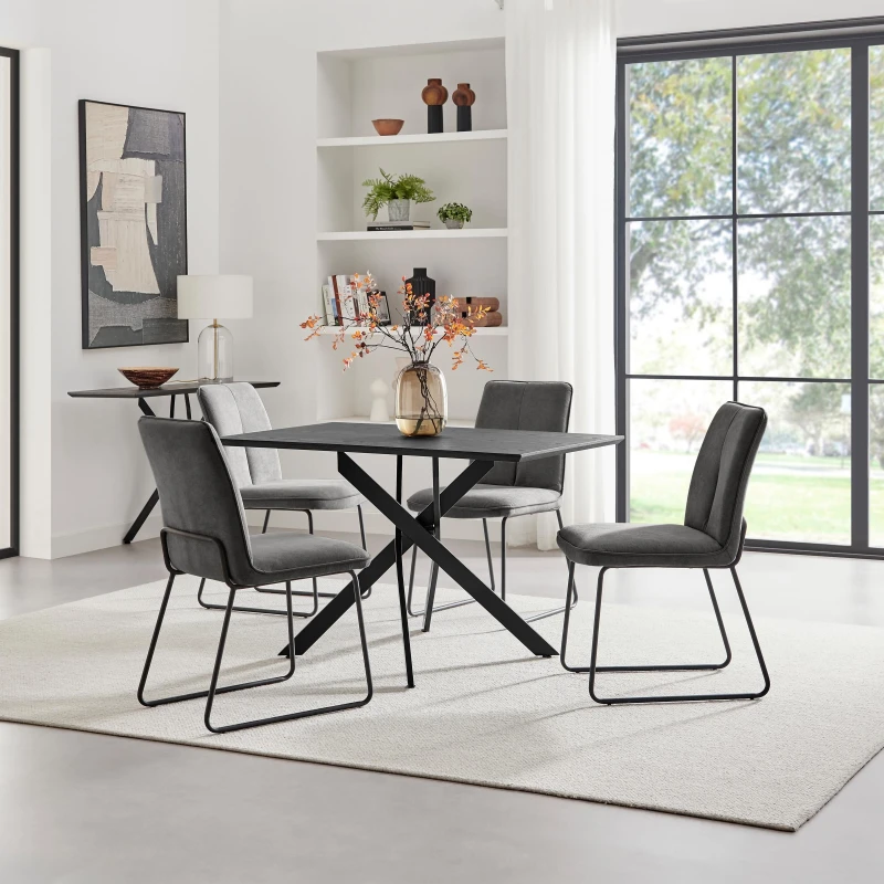 Image of FurnitureboxUK FurnitureboxUK Leonardo Black Top Dining Table & 4 Halley Dark Grey Fabric Chairs Grey One Size Unisex 5056784315347