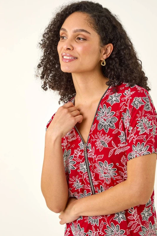 Image of Roman Womens Floral Print Zip Detail Top in Red Size: 12 Red Female 12