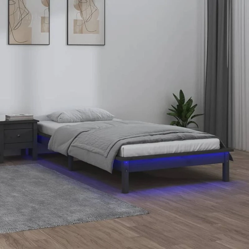 Image of vidaXL LED Bed Frame Grey 90x200cm Solid Wood, Grey 820593