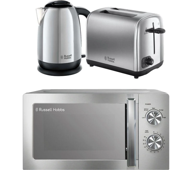 Image of Russell Hobbs Classics Solo Microwave, Jug Kettle & 2-Slice Toaster Bundle - Polished Stainless Steel 5056233840567