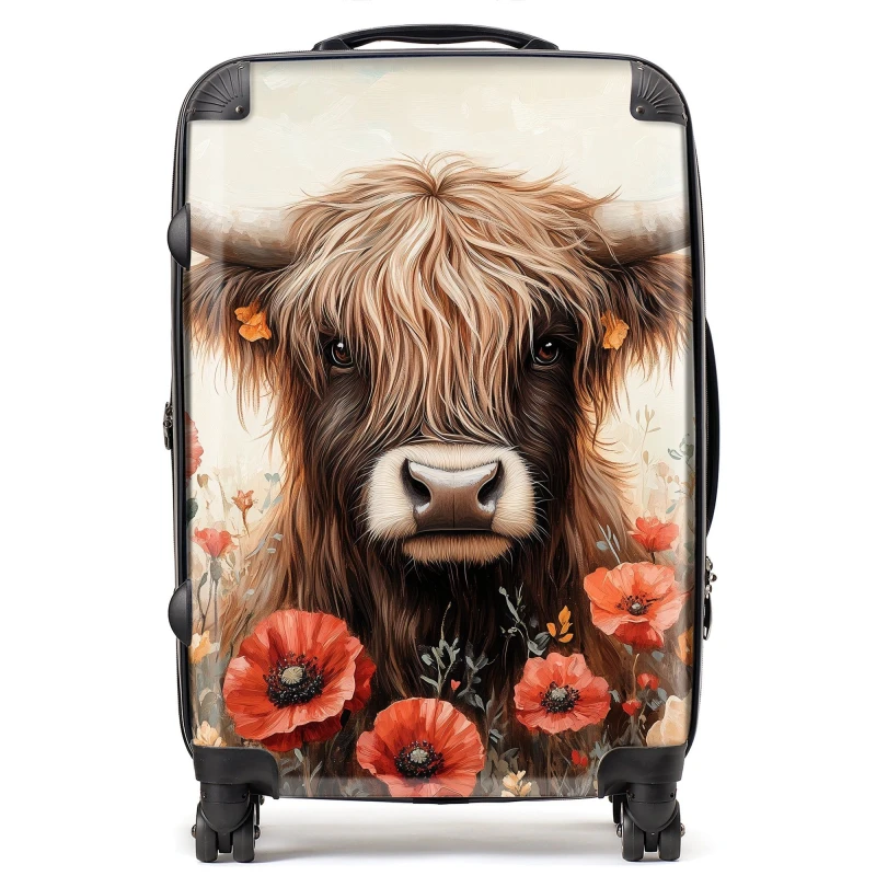 Image of Warren Reed - Designer Highland Cow & Summer Flowers Suitcase Size: Medium Multicolor Unisex Medium
