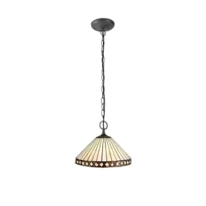 Image of 2 Light Downlighter Ceiling Pendant E27 With 30cm Tiffany Shade, Amber, Crystal, Aged Antique Brass