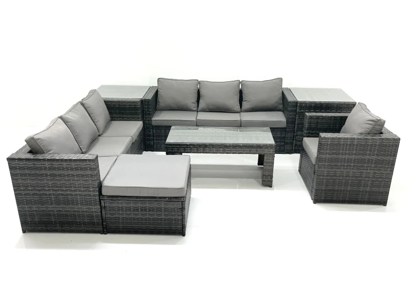 Image of Fimous Rattan Garden Furniture Set Outdoor 8 Seater Patio Conversation Sets with Glass Top Coffee Table 2 Side Tables Dark Grey