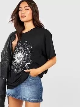 Image of Boohoo Celestial Print Oversized T-Shirt - Black, Size S, Women