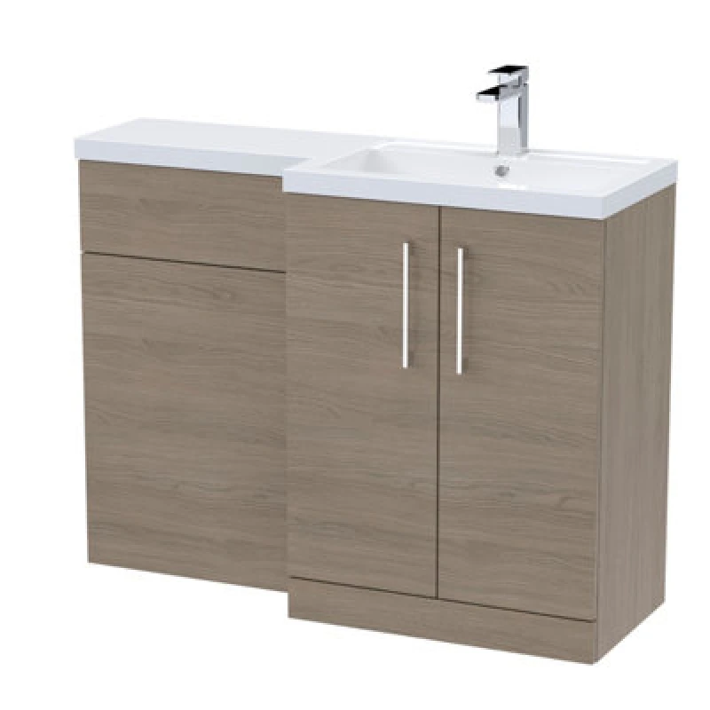 Image of Nuie Arno Right Hand Combination, Polymarble Basin Pre-Drilled With 1 Tap Hole, Bathroom Storage Unit In Solace Oak, 1100mm