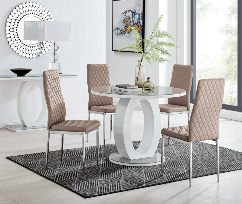 Image of FurnitureboxUK Giovani Round 4 Seat 100cm White High Gloss Halo Base Grey Glass Top Dining Table 4 Soft Faux Leather Silver Leg Milan Chairs in Beige