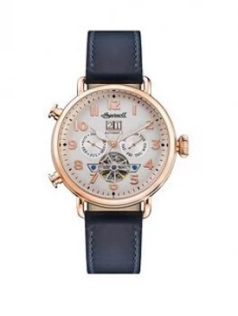 Image of Ingersoll Ingersoll Muse Silver And Rose Gold Day Date Skeleton Eye Automatic Dial Navy Leather Strap Watch