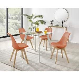 Image of Furniturebox Seattle Glass and White Leg Square Dining Modern Industrial Dining Table & 4 Orange Stockholm Wooden Leg Faux Leather Chairs