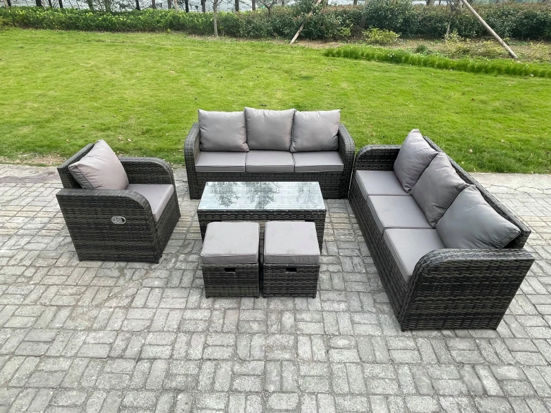 Image of Fimous Patio Garden Furniture Sets Wicker 9 Seater Outdoor Rattan Furniture Sofa Sets with Rectangular Coffee Table Reclining Chair 2 Small Footstools