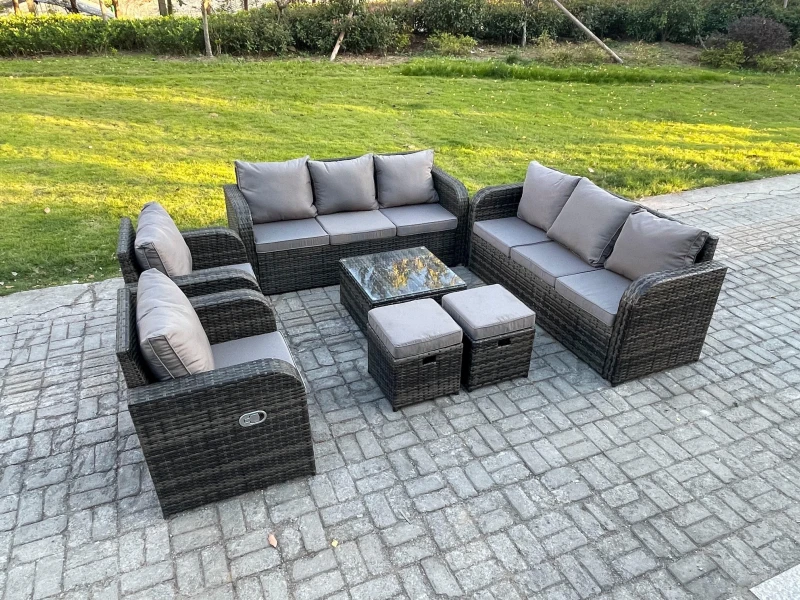 Image of Fimous High Back Rattan Garden Furniture Set with Square Coffee Table 2 Small Footstools Indoor Outdoor Patio Lounge Sofa Set Dark Grey Mixed Dark Gre