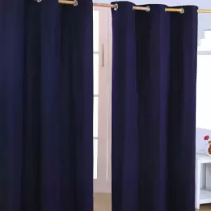 Image of HOMECAPES Plain Off Navy Blue Cotton Eyelet Curtains 117 x 137cm - Blue
