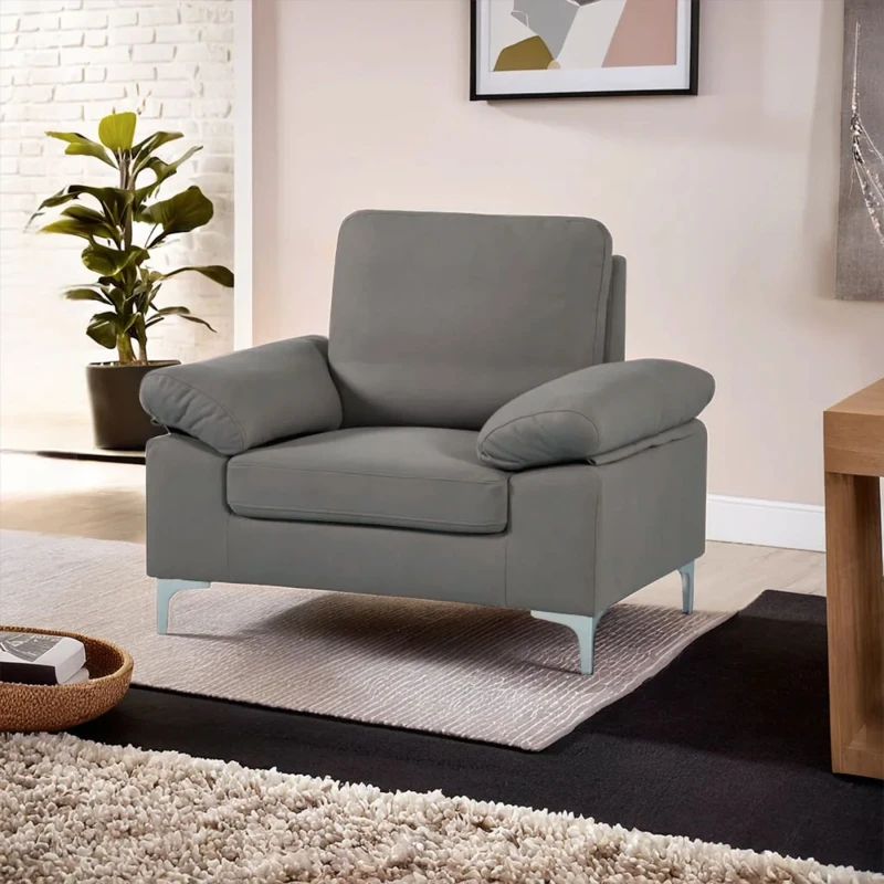 Image of KOSY KOALA KOSY KOALA Modern Grey Fabric One Seater Sofa with Chrome Feet - Comfortable Couch with Cushion for Living Room, Bedroom or Office Grey One