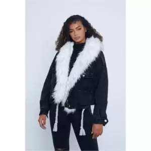 Image of I Saw It First Black Fur Collar Pocketed Denim Coat - Black