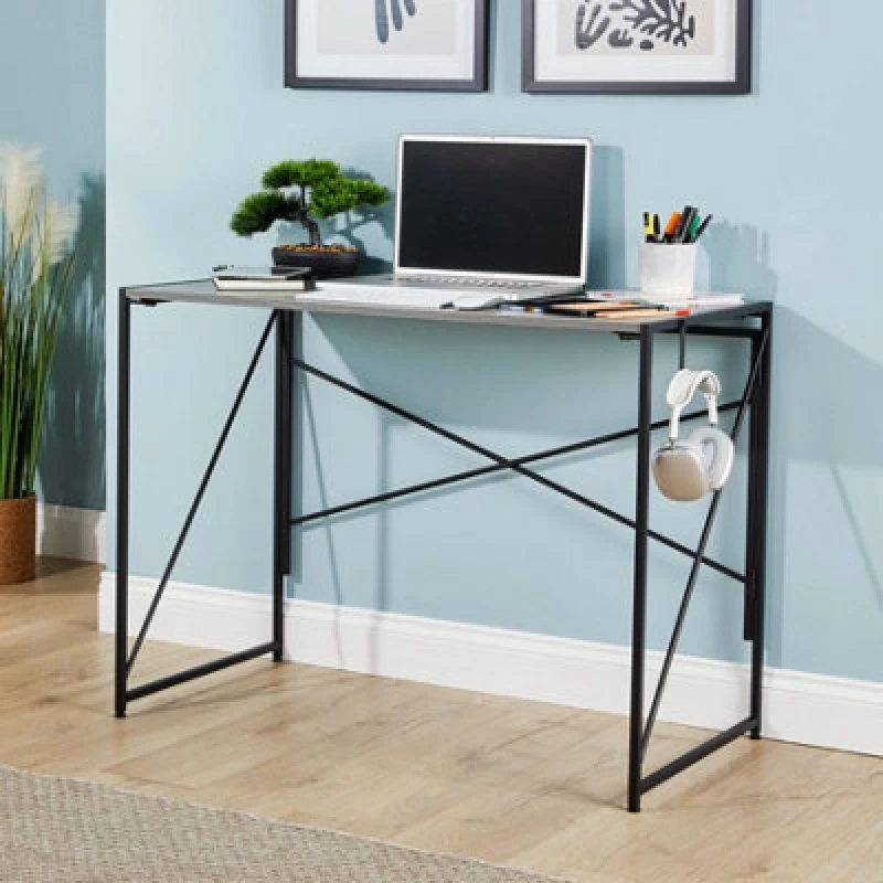 Image of Home Source Brampton Folding Grey Oak Effect Compact Desk Storage Hook Wood And Metal Home Office Workstation