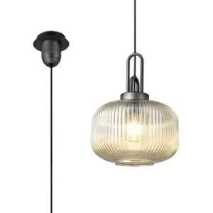 Image of Luminosa 1 Light Pendant E27 30cm Pumpkin Shaped Ribbed Glass, Champagne Black, Aged Pewter
