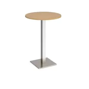 Image of Brescia circular poseur table with flat square brushed steel base 800mm - oak