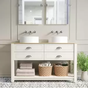 Image of 1250mm Cream Countertop Double Vanity Unit with Wood Effect Top and Basins - Kentmere