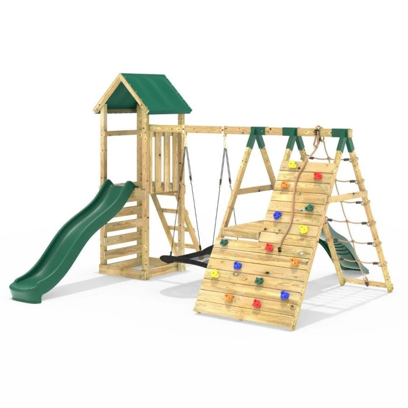 Image of Rebo Wooden Climbing Frame with Swings, Up and Over Climbing Wall and Two Slides - Crestone Green Green