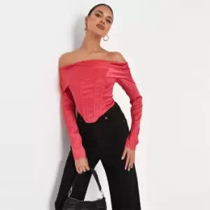 Image of Missguided Satin Long Sleeve Bardot Corset Top - Pink