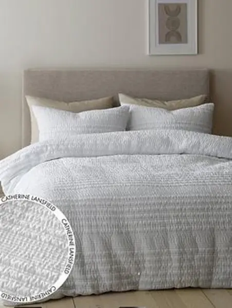 Image of Catherine Lansfield Lennon Stripe Seersucker Duvet Cover Set - White White V96KO Unisex Super King