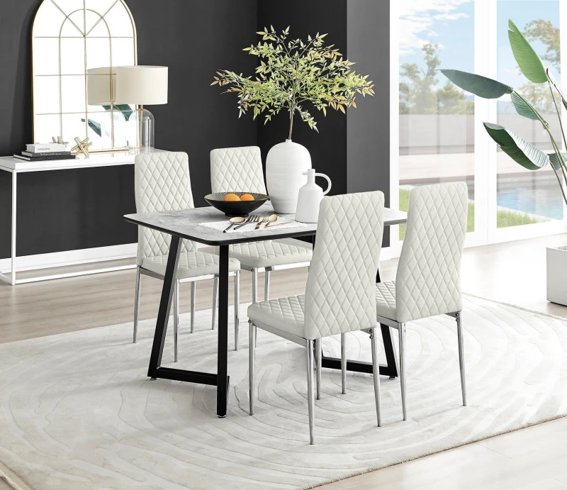 Image of FurnitureboxUK FurnitureboxUK Carson White Marble Effect Dining Table & 4 Velvet Milan Chairs in Cream Cream One Size Unisex 5056657144821