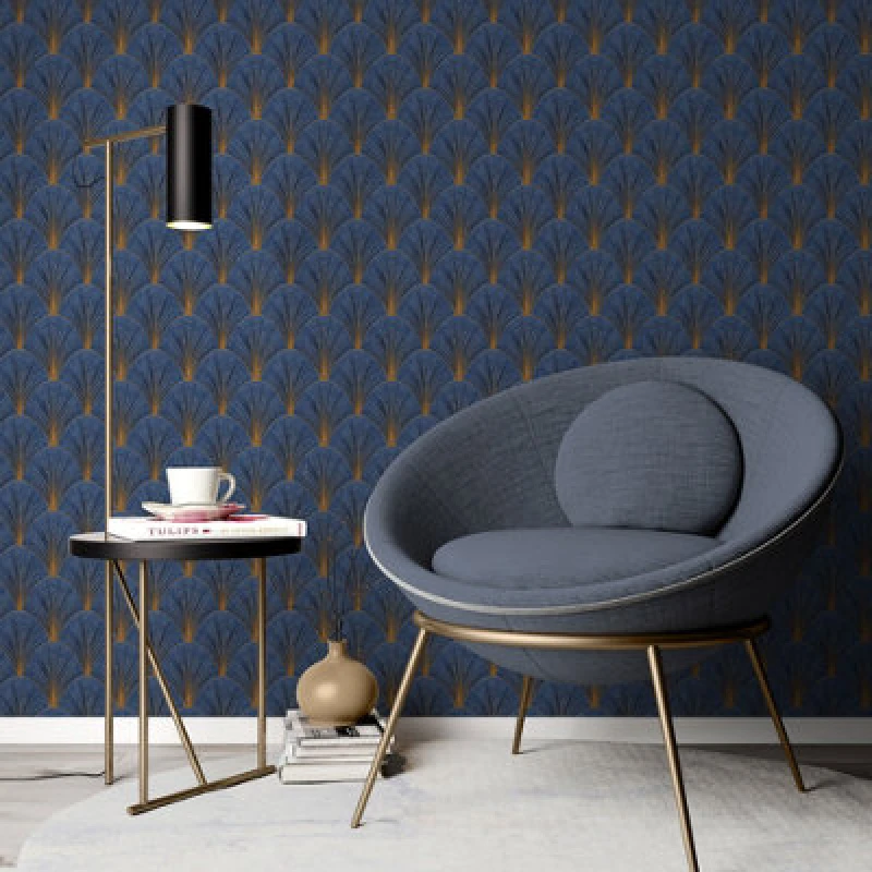 Image of Erismann Blue Art Deco Avant Garde Wallpaper Gold Geometric Fan Feature Wall, Blue WL-10451-08