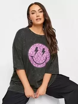 Image of Yours Boxy Tee Acid Wash Smiley Placement Print. Grey, Size 20, Women