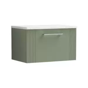 Image of Nuie Deco Satin Green 600mm Wall Hung Single Drawer Vanity Unit with Sparkling White Laminate Worktop - DPF894LSW - Satin Green
