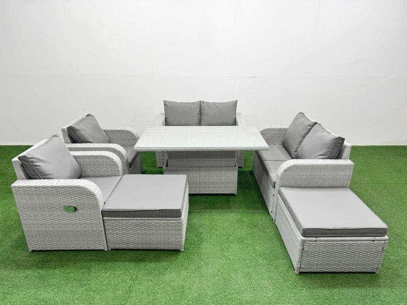 Image of Fimous 8 Seater Outdoor Reclining Chair Love Sofa Set Rattan Garden Furniture Set with Adjustable Lifting Dining or Coffee Table 2 Big FootStools Ligh