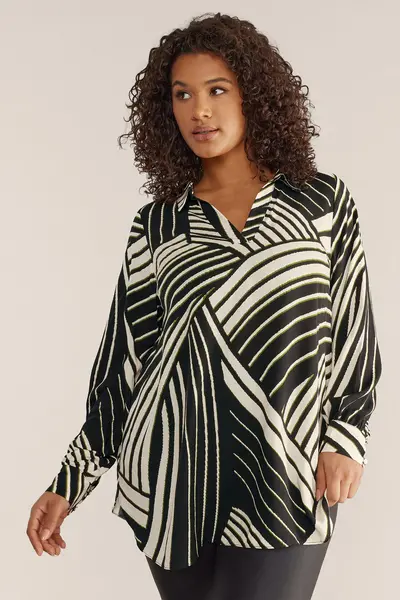 Image of Evans Collared Abstract Linear Print Blouse Black