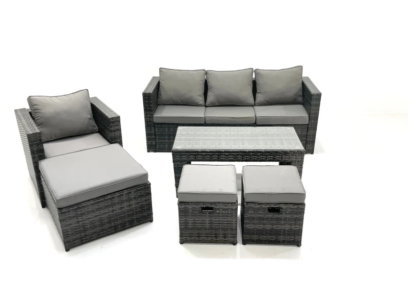 Image of Fimous Rattan Garden Furniture Set Outdoor Lounger Sofa with Coffee Table Armchair 3 Footstools Dark Grey Mixed Dark Grey