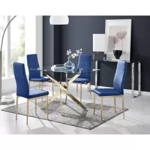 Image of Furniturebox UK - Furniturebox Leonardo 4 Gold Leg Glass Dining Table and 4 Navy Milan Velvet Dining Chairs With Gold Legs Diamond Stitch Modern