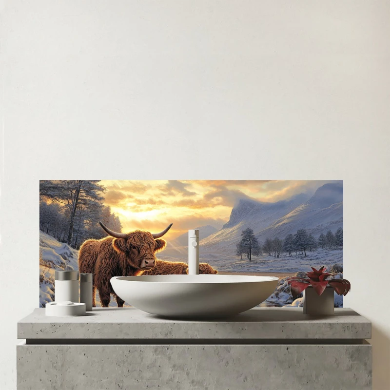 Image of Warren Reed - Designer Highland Cows By The Lake Glass Bathroom Splashback in Brown Brown Unisex