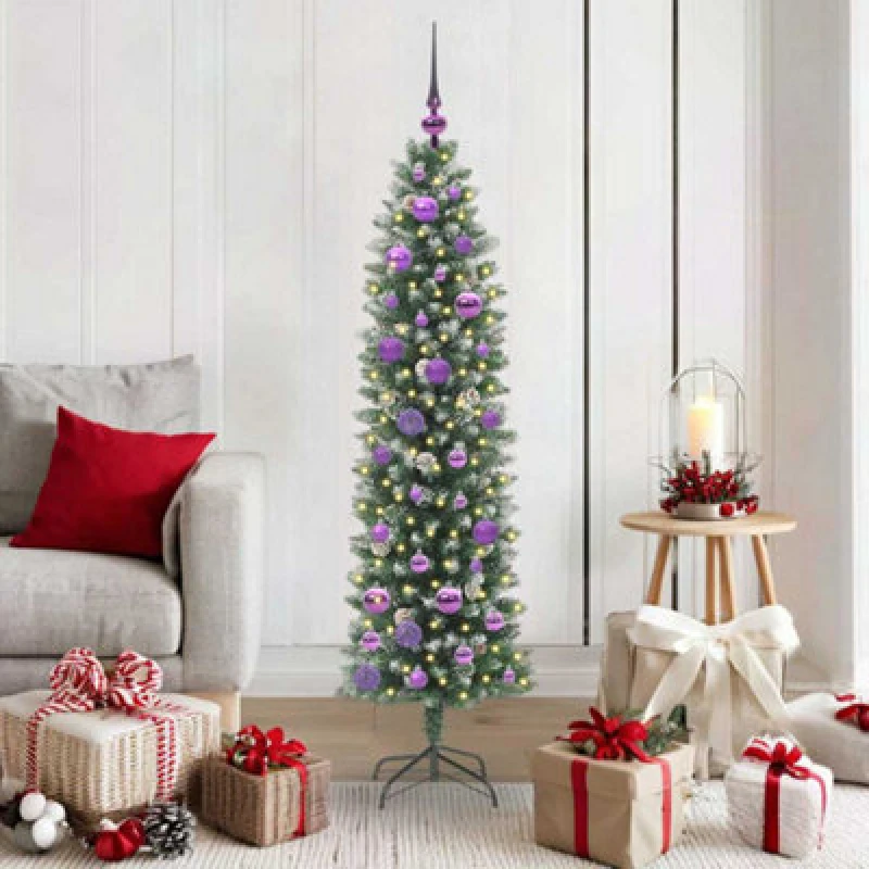 Image of vidaXL Artificial Slim Christmas Tree with Lilac Balls Green and white 150 cm, Green 3395287