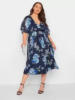 Image of Yours Floral Shirred Waist Wrap Dress, Blue, Size 16, Women
