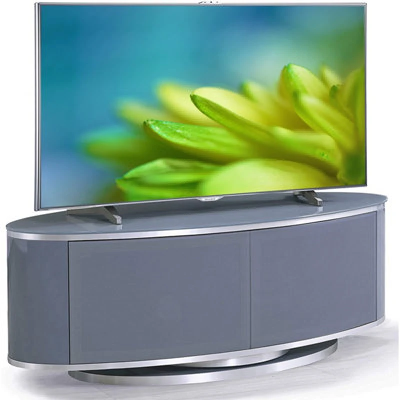 Image of Mda Designs Luna Grey Oval Cabinet With Grey Profiles And Grey Beamthru Glass Doors Suitable For Flat Screen Tvs Up To 50"