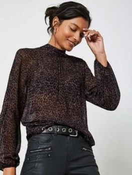 Image of Mint Velvet Isabel Animal Print High Neck Top - Burgundy, Size 14, Women