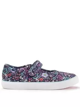 Image of Start-rite Busy Lizzie Girls Navy Floral Riptape Summer Canvas Shoes - Blue Size 6.5 Younger