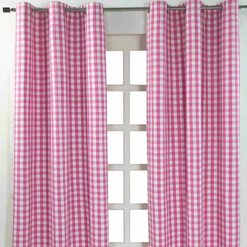 Image of HOMESCAPES Homecapes Cotton Pink Block Check Gingham Eyelet Curtains 137 x 182cm KT1410B