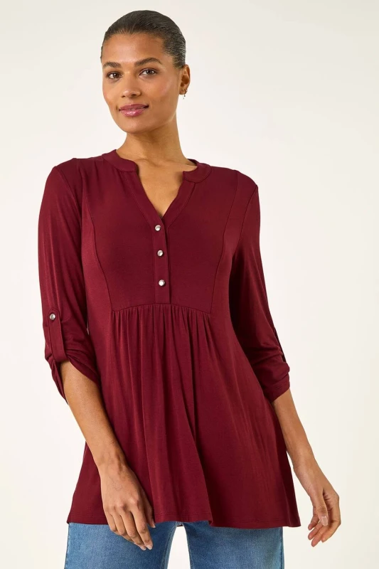 Image of Roman Womens Button Detail Tunic Top in Wine Size: 12 Wine Female 12